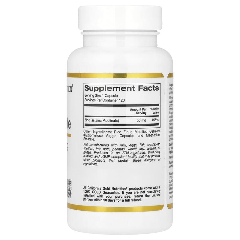 California Gold Nutrition, Zinc Picolinate, 50 mg, 120 Veggie Capsules - Medaid International