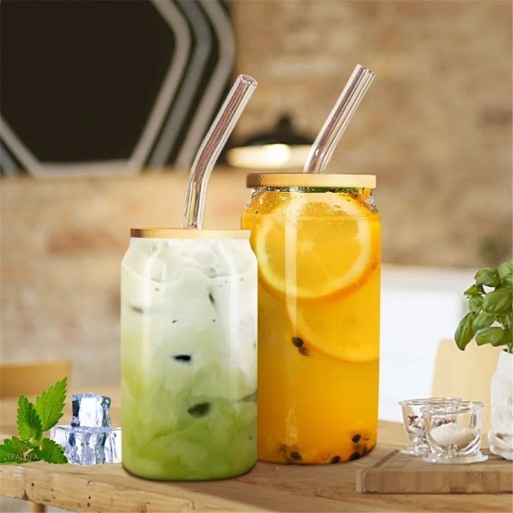 Can Glass Juice Water Cup With Bamboo Wood Lid And Plastic Straw 500 ml - Medaid International