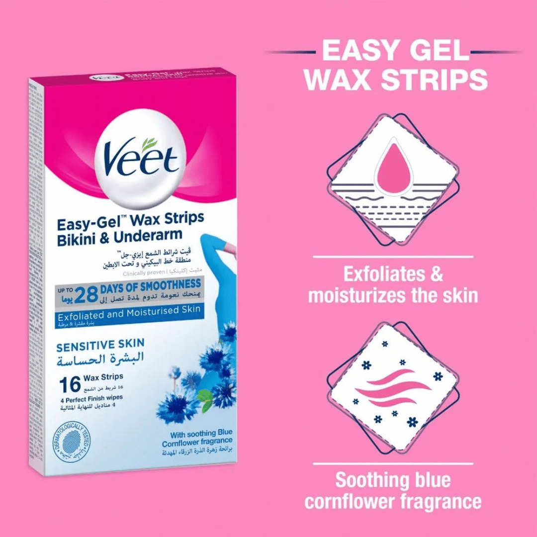 Veet Easy Gel Wax Strips Bikini & Underarm Sensitive Skin, 16s - Medaid International