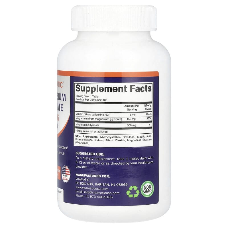 Vitamatic, Magnesium Glycinate with B6, 500mg, 180 Vegetarian Tablets - Medaid International