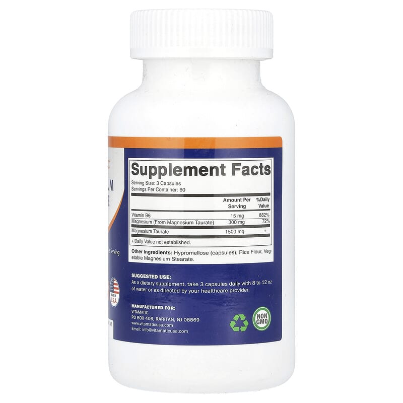 Vitamatic, Magnesium Taurate with B6, 180 Vegetarian Capsules - Medaid International