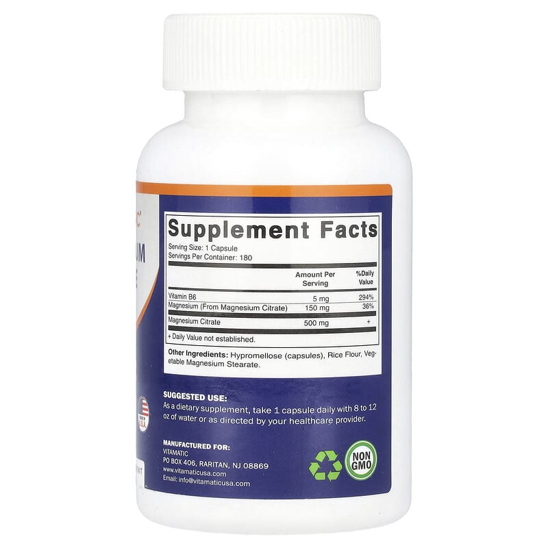 Vitamatic, Magnesium Citrate with B6, 180 Vegetarian Capsules - Medaid International