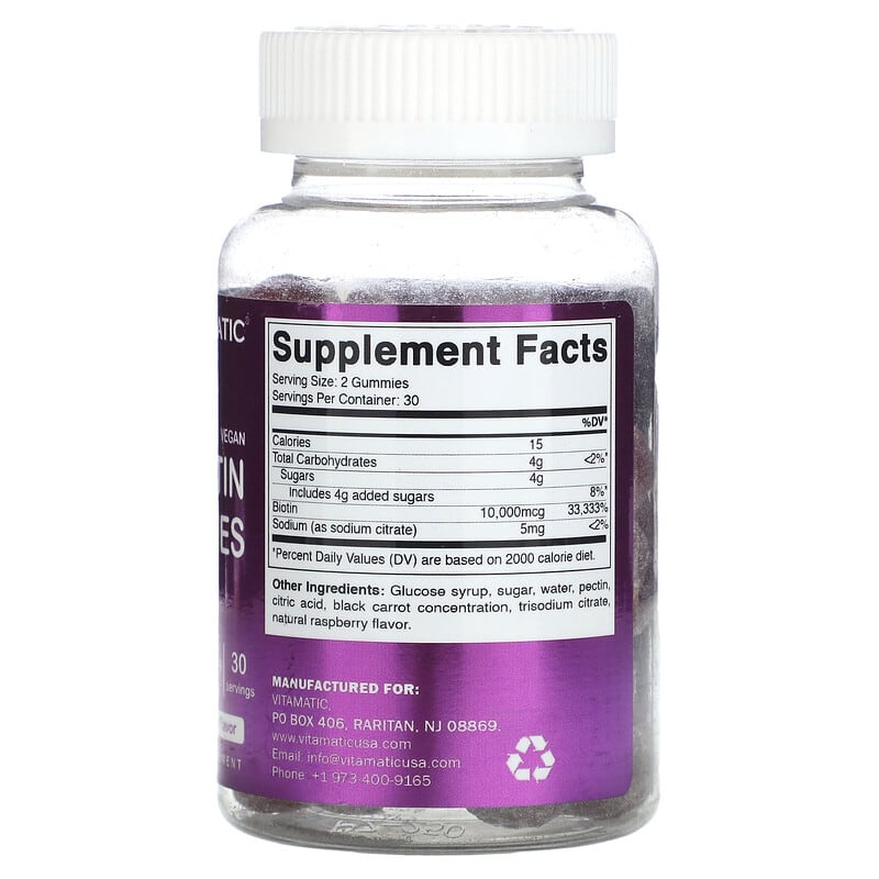 Vitamatic, Vegan Biotin Gummies, Natural Raspberry, 10,000 mcg, 60 Gummies - Medaid International
