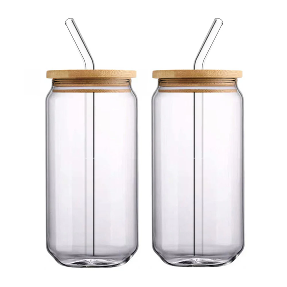 Can Glass Juice Water Cup With Bamboo Wood Lid And Plastic Straw 500 ml - Medaid International