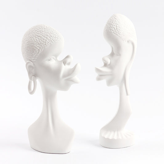 2 Pieces Resin Abstract African Couple Head Sculptures Art Statues for Home and Office White - Medaid International