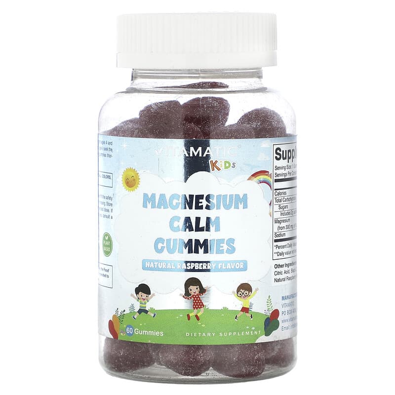 Vitamatic, Kids, Magnesium Calm Gummies, Natural Raspberry, 60 Gummies - Medaid International