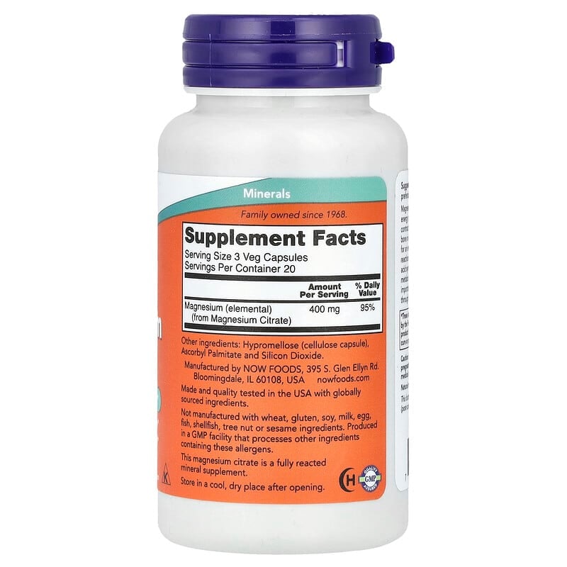NOW Foods, Magnesium Citrate, 60 Veg Capsules - Medaid International
