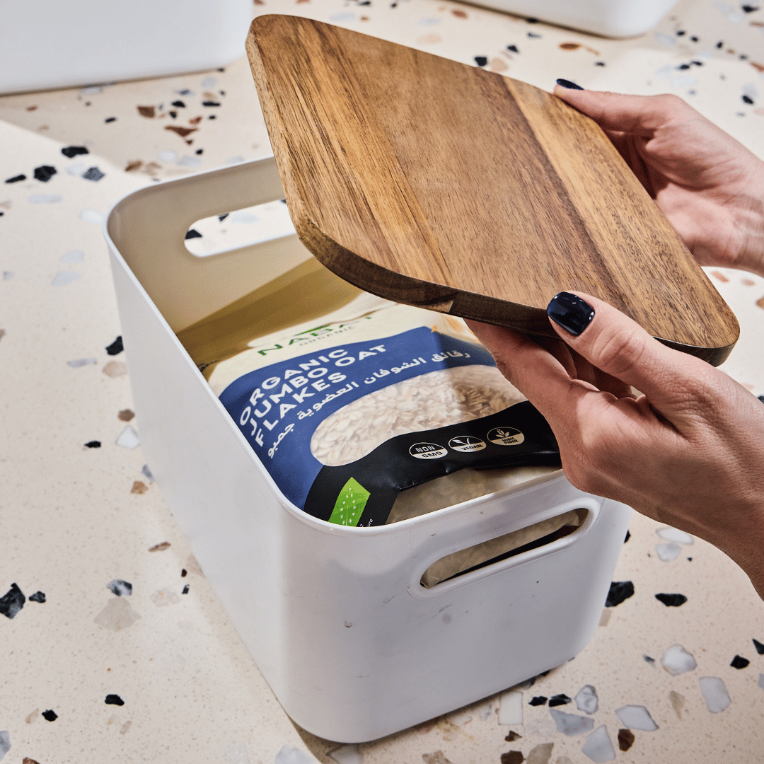 White Storage Tub W/ Acacia Lid - Small