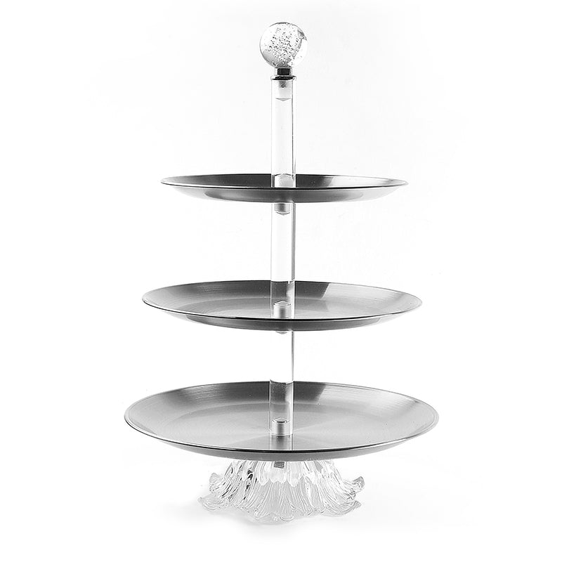 3 Tier Stainless Steel Round Cupcake Holder with Ball Handle Display Stand with Glass Base for Cake Desserts Appetizers Silver - Medaid International