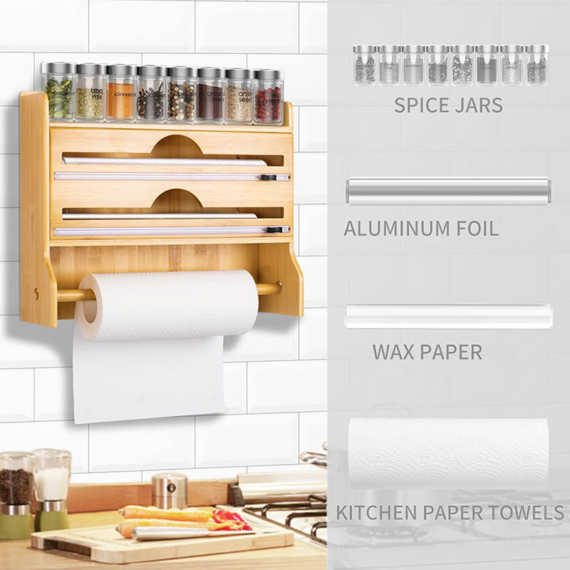 4 in 1 Bamboo Ziplock Foil and Plastic Wrap Organizer with Cutter for Kitchen Drawer or Wall Mount Spice Storage Rack and Kitchen Paper Holder - Medaid International