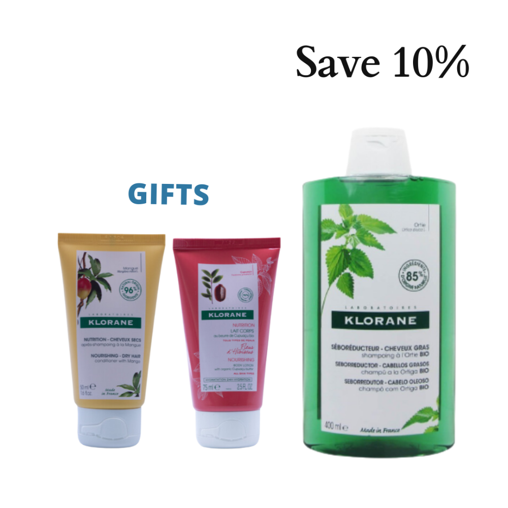 Klorane Shampoo With Nettle + Free Klorane Mango Conditioner 50 ml + Free Klorane Cupuaco Flower Body Lotion 75 ml - Medaid International