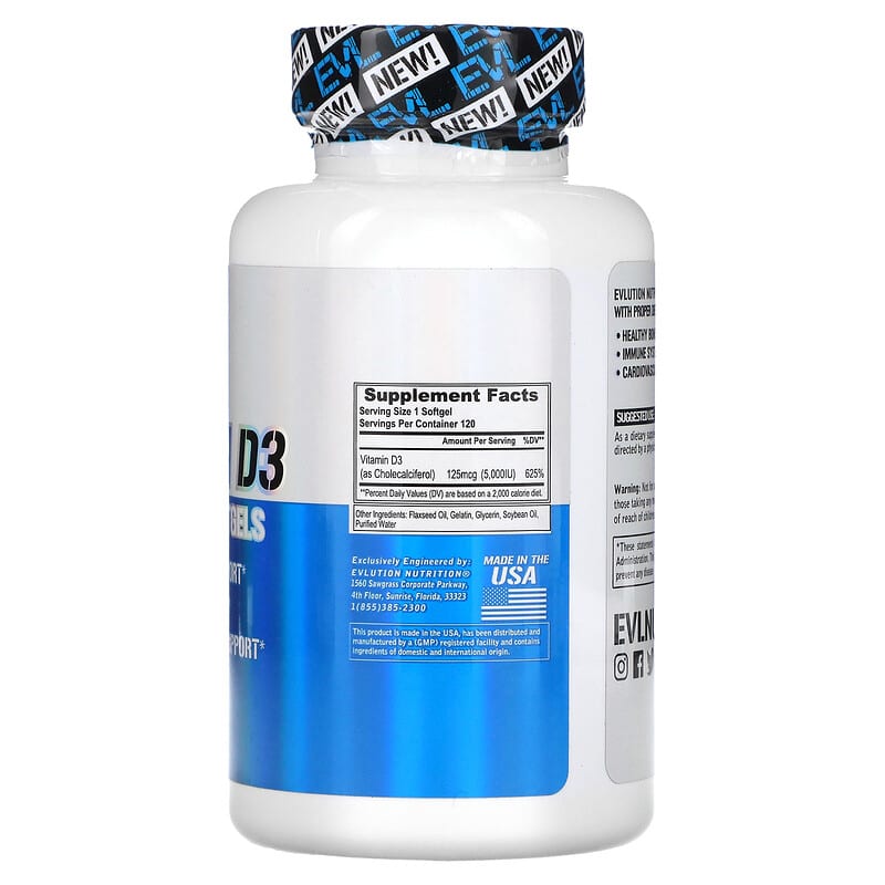 EVLution Nutrition, Vitamin D3, 5,000 IU, 120 Softgels - Medaid International