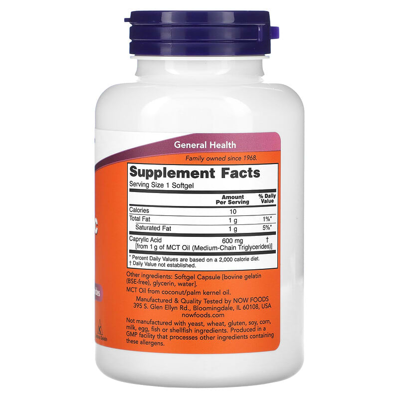 NOW Foods, Caprylic Acid, 600 mg, 100 Softgels - Medaid International