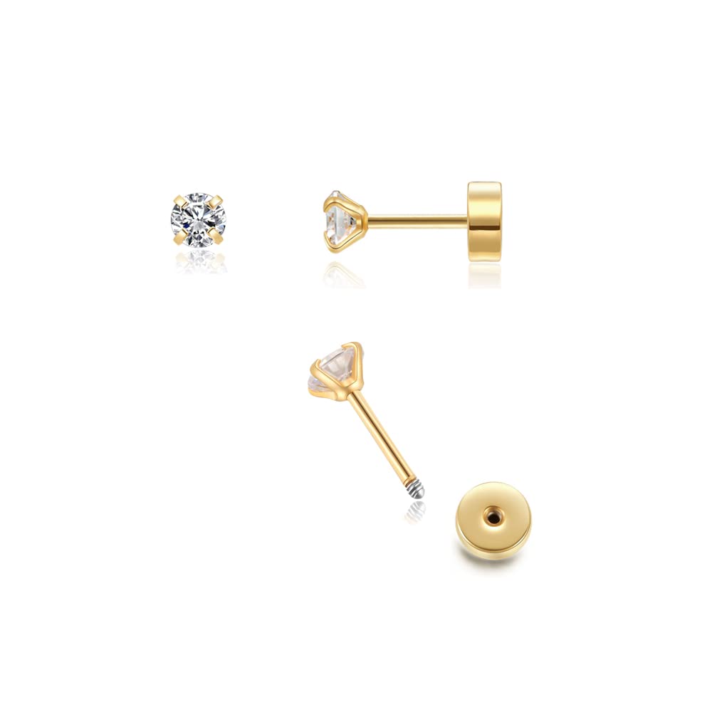 3mm Tiny CZ Screw on Flat Back Stud Earrings,Gold Plated Flat Back Cubic Zirconia Earrings for Helix Cartilage Tragus Earlobe Piercing Jewelry Gift for Women Men(3mm CZ, Gold) - Medaid International