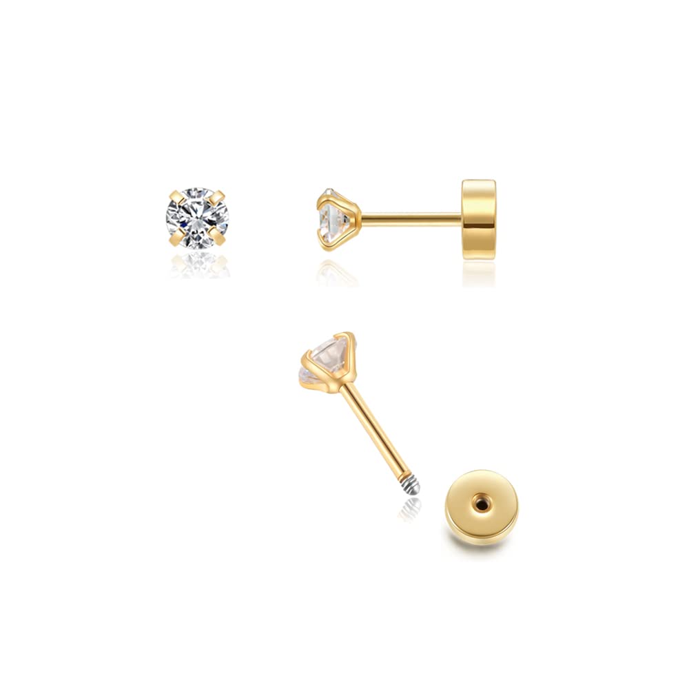 3mm Tiny CZ Screw on Flat Back Stud Earrings,Gold Plated Flat Back Cubic Zirconia Earrings for Helix Cartilage Tragus Earlobe Piercing Jewelry Gift for Women Men(3mm CZ, Gold) - Medaid International