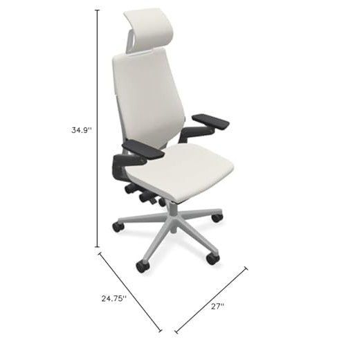 Steelcase Gesture Office Desk Chair with Headrest in Elmosoft Genuine White L151 Leather Plus Lumbar Support Platinum Metallic Frame with Seagull Seat/Back Merle Arms (Light/Light) - Medaid International
