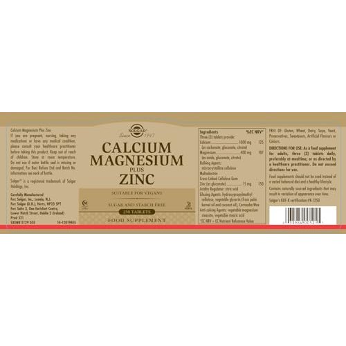 Solgar Calcium Magnesium Plus Zinc, 250 Tablets - Promotes Healthy Bones and Teeth - Supports Nerve & Muscle Function - Non GMO, Vegan, Gluten Free, Dairy Free, Kosher, Halal - 83 Servings - Medaid International