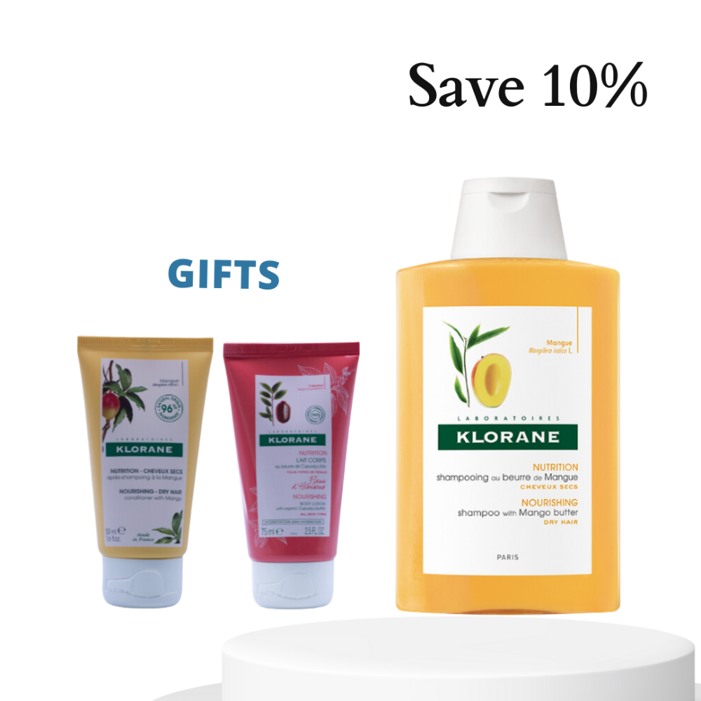 Klorane Mango Butter Shampoo 200 ml + Free Klorane Mango Conditioner 50 ml + Free Klorane Cupuaco Flower Body Lotion 75 ml - Medaid International