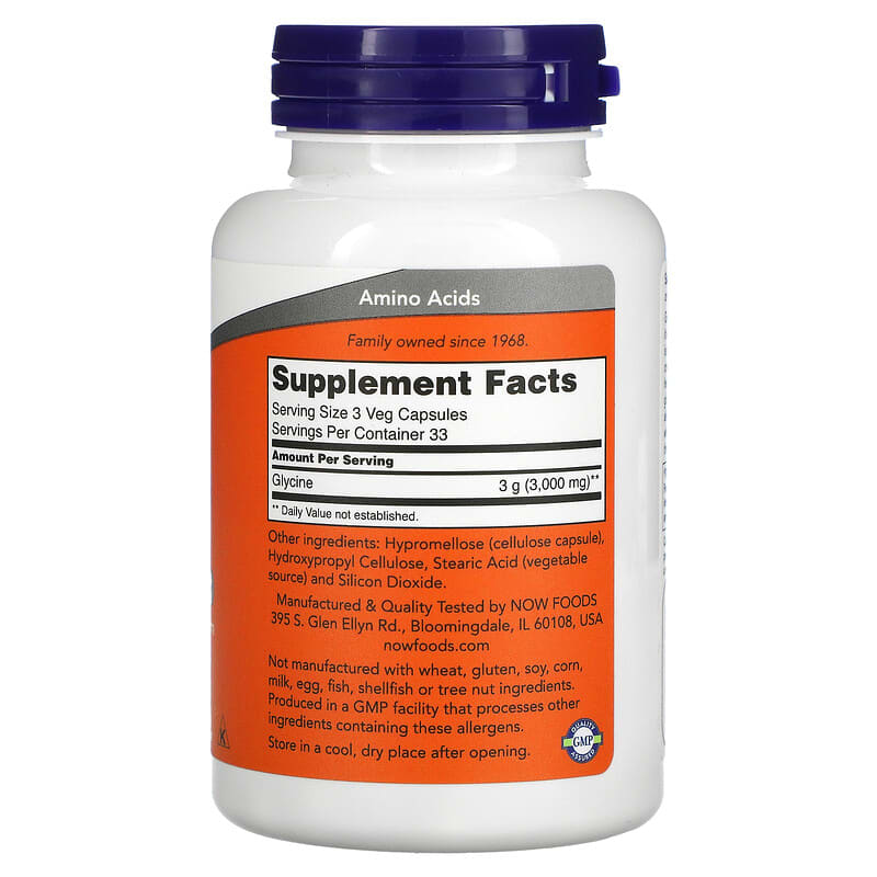 NOW Foods, Glycine, 1,000 mg, 100 Veg Capsules - Medaid International