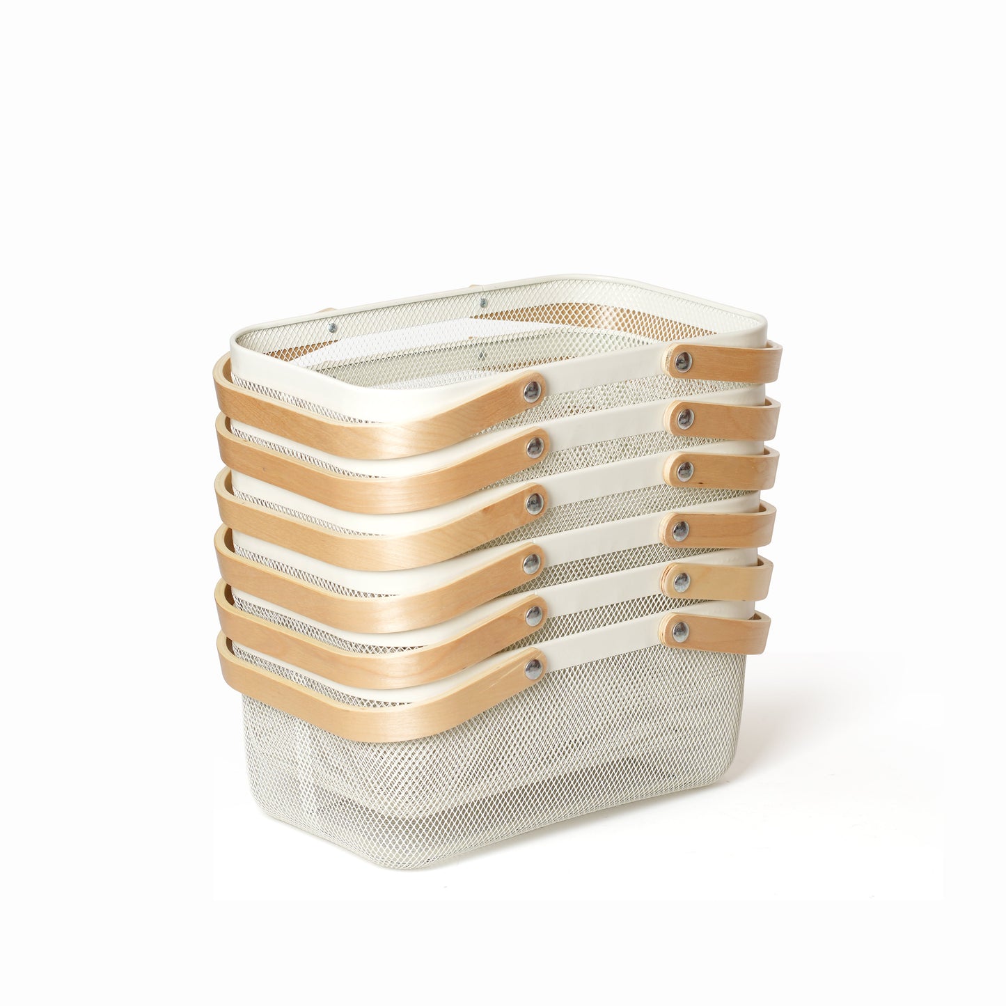 White Mesh Storage Basket W/ Wooden Handle - Large Pack