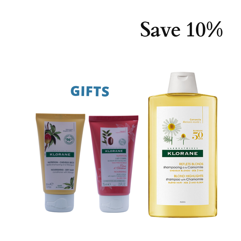 Klorane Shampoo With Chamomile 400 ml + Free Klorane Mango Conditioner 50 ml + Free Klorane Cupuaco Flower Body Lotion 75 ml - Medaid International
