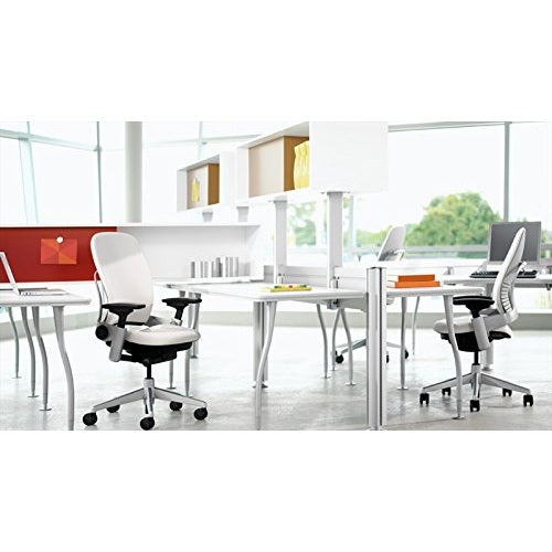 Steelcase Leap Desk Chair in Gunmetal Gray Elmosoft Leather L113-4-Way Highly Adjustable Arms - Polished Aluminum Frame and Base 8046 - Soft Dual Wheel Hard Floor Casters - Medaid International