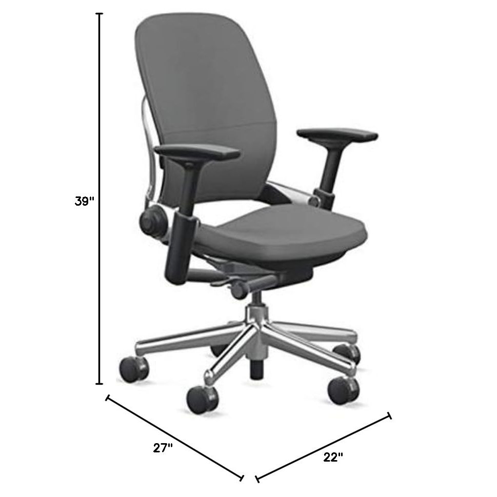 Steelcase Leap Desk Chair in Gunmetal Gray Elmosoft Leather L113-4-Way Highly Adjustable Arms - Polished Aluminum Frame and Base 8046 - Soft Dual Wheel Hard Floor Casters - Medaid International