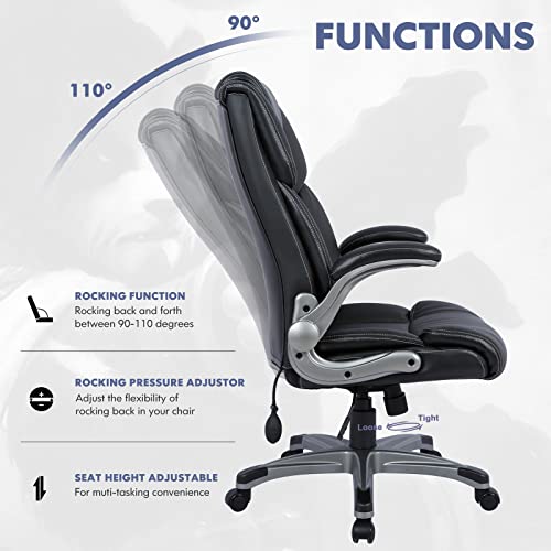 COLAMY High Back Executive Office Chair- Ergonomic Home Computer Desk Leather Chair with Padded Flip-up Arms, Adjustable Tilt Lock, Swivel Rolling Chair for Adult Working Study-Black - Medaid International