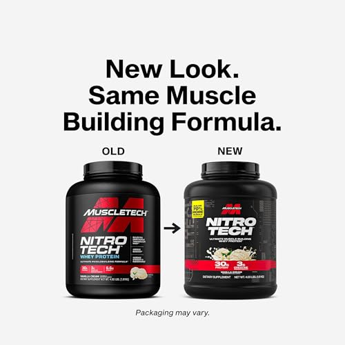 Muscletech Whey Protein Powder (Vanilla Cream, 4 Pound) - Nitro-Tech Ultimate Muscle Building Formula with Whey Protein Isolate - 30g of Protein, 3g of Creatine & 6.8g of BCAA - Packaging May Vary - Medaid International