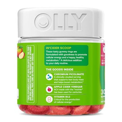 OLLY Metabolism Gummy Rings, Apple Cider Vinegar, Vitamin B12, Chromium, Energy and Digestive Health, Chewable Supplement, Apple Flavor - 30 Count - Medaid International