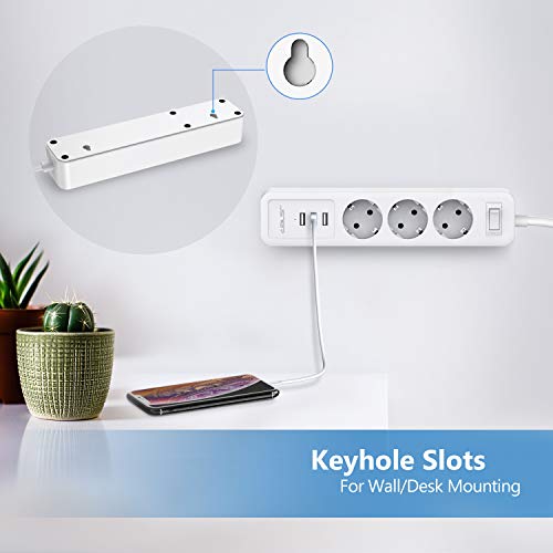 Jsver - USB Surge Socket with 3 Outlets, 3 USB Chargers, 2m Cable, Overvoltage Protection