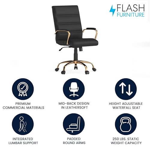 Flash Furniture Whitney Mid-Back Swivel LeatherSoft Desk Chair with Wheels, Padded Seat and Armrests, Adjustable Height Padded Office Chair, Black|B07FYMJMZX