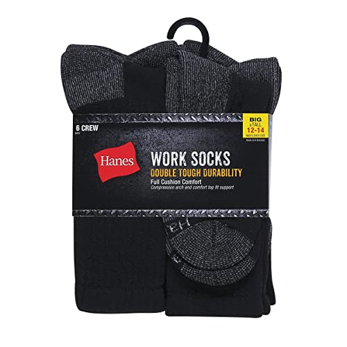 Hanes mens Crew Socks, 6-pair Pack Work Sock, Black, 6 12 US - Medaid International