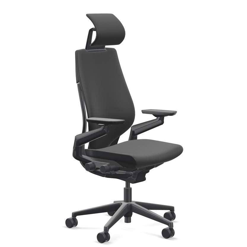 Steelcase Gesture Office Desk Chair with Headrest, Cogent Connect Licorice 5S26 Fabric, Medium Seat Height, Light on Dark Frame, Lumbar Support, and Hard Floor Casters - Medaid International