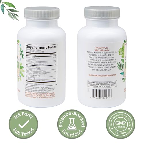 Quantum Health SuperLysine+ Advanced Formula Immune Support Supplement Lysine 1500 mg, Vitamin C Echinacea Licorice Bee Propolis & Odorless Garlic Daily Wellness Blend for Women & Men - 180 Tablets - Medaid International