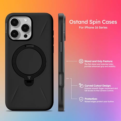TORRAS 360° Spin Stand for iPhone 16 Pro Max Case, Fit for Magsafe, Mil-STD Protective Hard PC Scratch-Resistant Case for iPhone 16 Pro Max Phone Case with Kickstand, Ostand Spin, Onyx Black, 6.9 inch - Medaid International