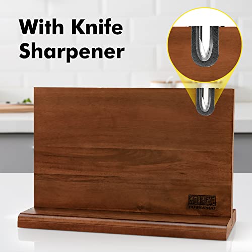 Magnetic Knife Block 14 x 10 Inches, Double Sided Magnetic Knife Holder Rack for Kitchen Counter, Acacia Wood Magnetic Knife Storage Stand with Knife Sharpener|B0BZVF8ZVG