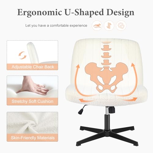 Sweetcrispy Criss Cross Chair Legged, Armless Office Swivel Desk Chair No Wheels, Vanity Height Adjustable Wide Seat Computer Task Seating - Teddy Cream - Medaid International