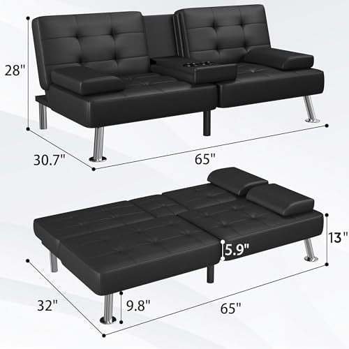 Flamaker Futon Sofa Bed Modern Folding Futon Set Convertible Recliner Lounge for Living Room with 2 Cup Holders, Removable Armrests (PU Leather, Black)|B086RKPN2V