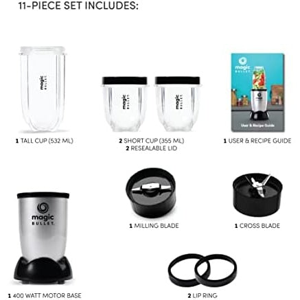 Magic Bullet 400 Watts, 9 Piece Set, Multi-Function High Speed Blender, Mixer System with Nutrient Extractor, Smoothie Maker, Silver, 1 years Warranty - Medaid