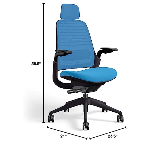 Steelcase Series 1 Office Task Chair with Headrest Black Frame 3D Microknit Back 4-Way Adjustable Arms Carpet Casters and Blue Jay 5S21 Cogent Connect Upholstery - Medaid International