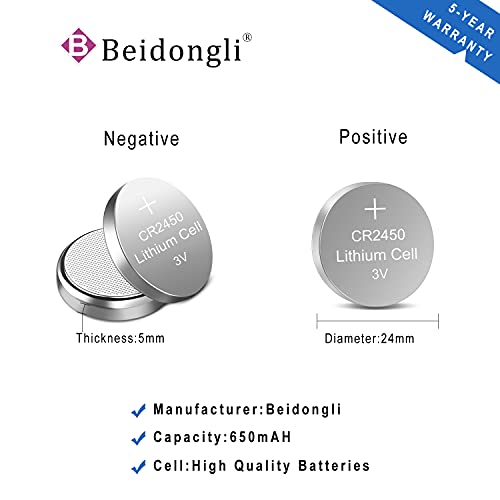 Beidongli - CR2450 3V Lithium Button Cells, 20 Pack, 650 mAh, 5 Year Warranty