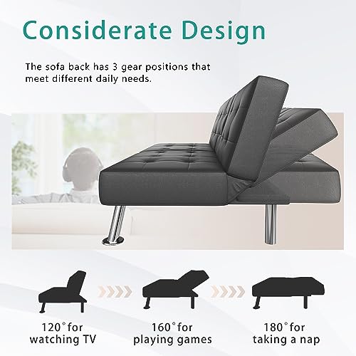 Flamaker Futon Sofa Bed Modern Folding Futon Set Convertible Recliner Lounge for Living Room with 2 Cup Holders, Removable Armrests (PU Leather, Black)|B086RKPN2V
