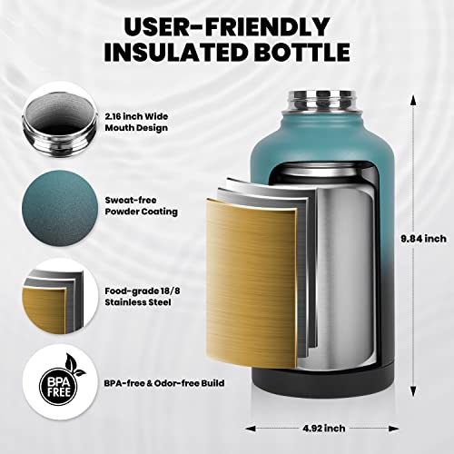 Insulated Water Bottle 64 oz, Triple Wall Vacuum Stainless Steel (Cold for 48 Hrs), Leak Proof & Non-BPA, Half Gallon Water Flask Jug with Paracord Handle & Straw Spout Lids|B0BZZT6B84