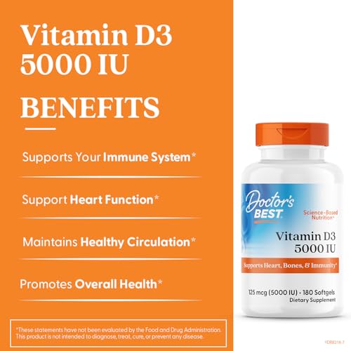 Doctor's Best Vitamin D3 5000IU, Non-GMO, Gluten & Soy Free, Regulates Immune Function, Supports Healthy Bones, White, No Flavour, 180 Count - Medaid International
