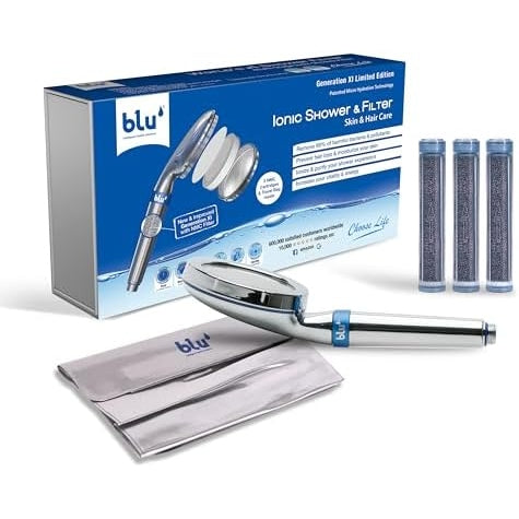 Blu Ionic Shower Head and Shower Filter - Handheld - Removes Chlorine & Harmful Pollutants - Prevent Hair Loss & Moisturize Your Skin, Chrome - Medaid International