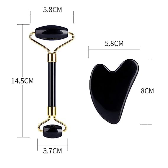 Black Obsidian Jade Facial Roller & Gua Sha Set 100% Natural Source from Highest Altitude of Himalayan Two-Sided Face Neck Massager Stone Beauty Tool - Medaid International