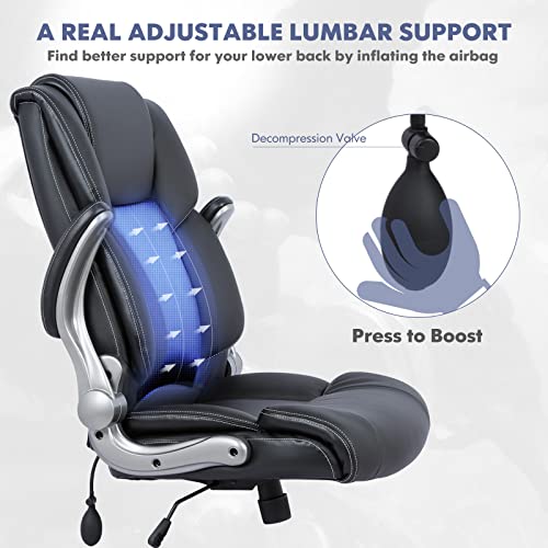 COLAMY High Back Executive Office Chair- Ergonomic Home Computer Desk Leather Chair with Padded Flip-up Arms, Adjustable Tilt Lock, Swivel Rolling Chair for Adult Working Study-Black - Medaid International
