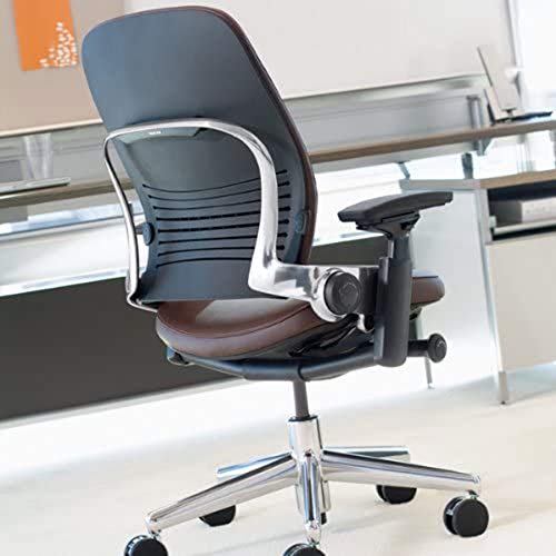 Steelcase Leap Desk Chair in Gunmetal Gray Elmosoft Leather L113-4-Way Highly Adjustable Arms - Polished Aluminum Frame and Base 8046 - Soft Dual Wheel Hard Floor Casters - Medaid International