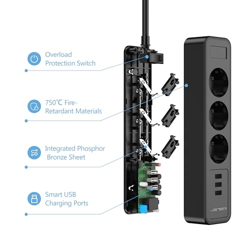 Jsver - Power Strip with 3 USB Ports, Surge Protection, Wall Mountable, 3680W